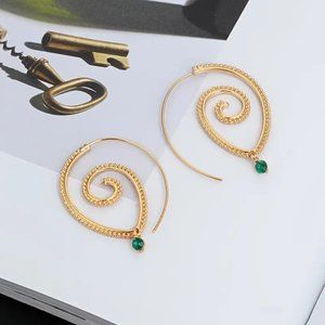 Bohemian Gold Spiral Swirl with Green Gemstone Earrings NEW